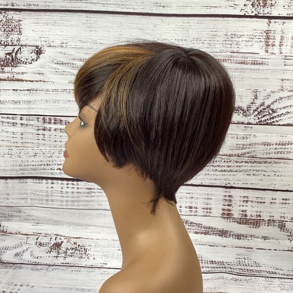 Bio Tapered Wig FF427 Dark Brown W/ Blonde Swoop Heat Safe Adjustable Synthetic - Picture 4 of 6